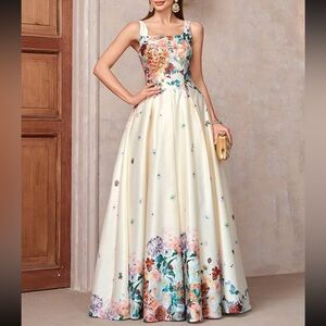 Luxe floral print square neck zip up back party portal gown dress